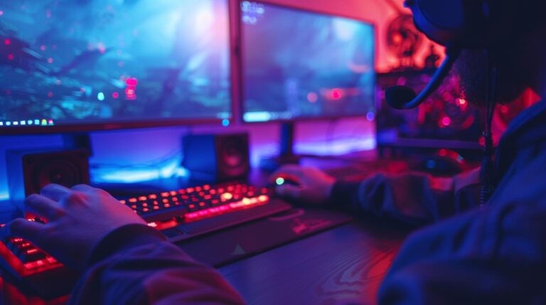 Person gaming on a dual monitor setup with RGB lighting and wearing a headset.