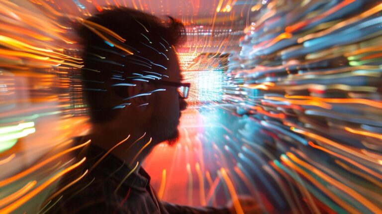 Person experiencing dynamic light tunnel effects at an exhibition