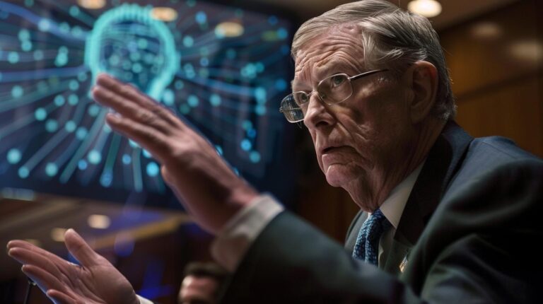 Elderly man gesturing during a discussion with a digital light bulb graphic in the background