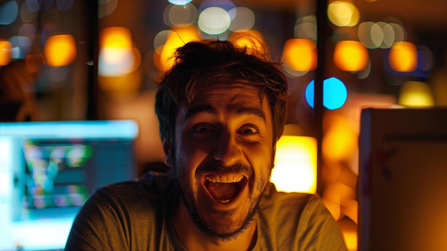 Excited man with a joyful expression in front of a computer screen with blurred colorful bokeh lights in the background