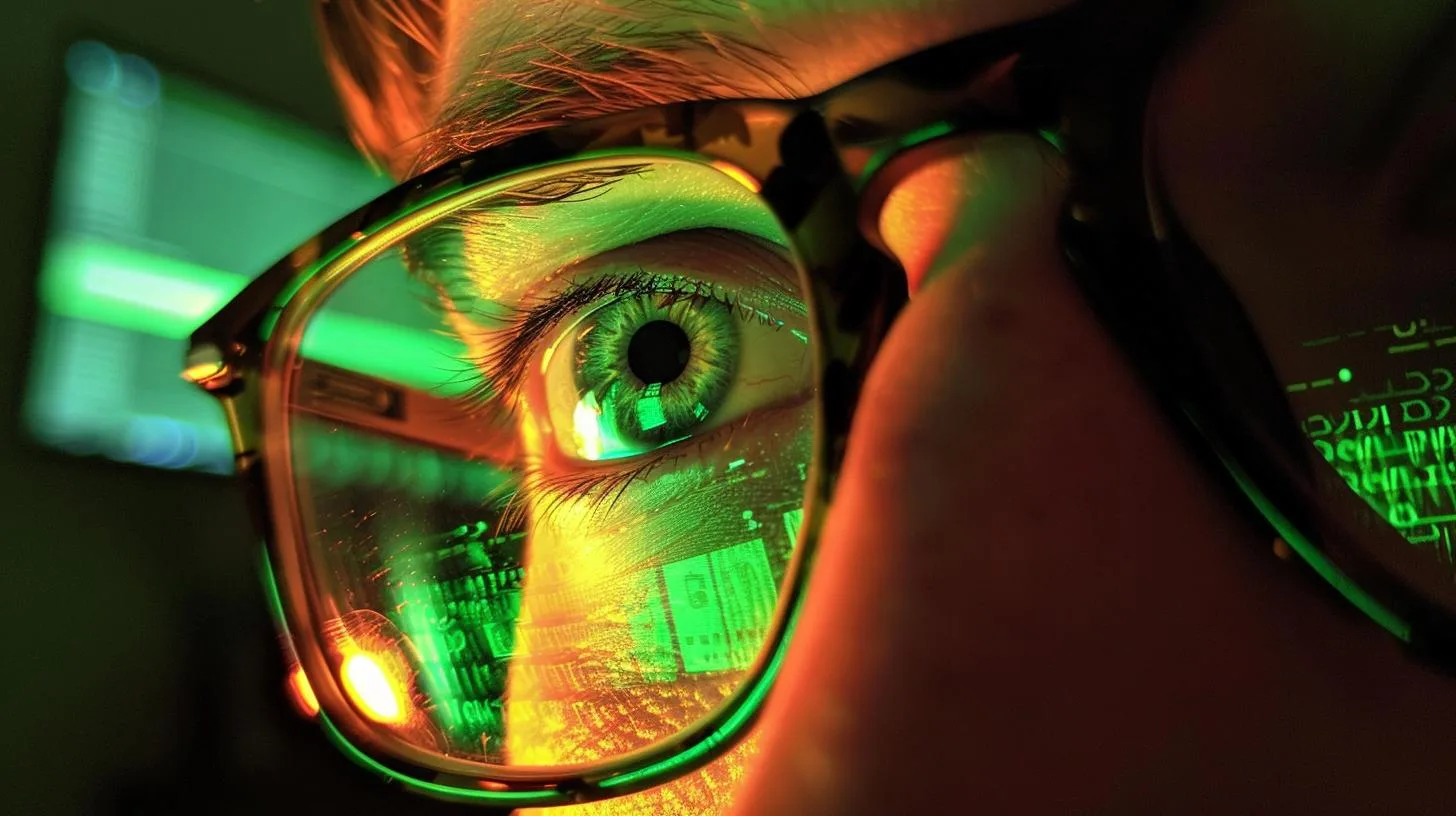 Close-up of a person's eye reflecting green computer code seen through eyeglasses, suggesting a cyber or technology theme.