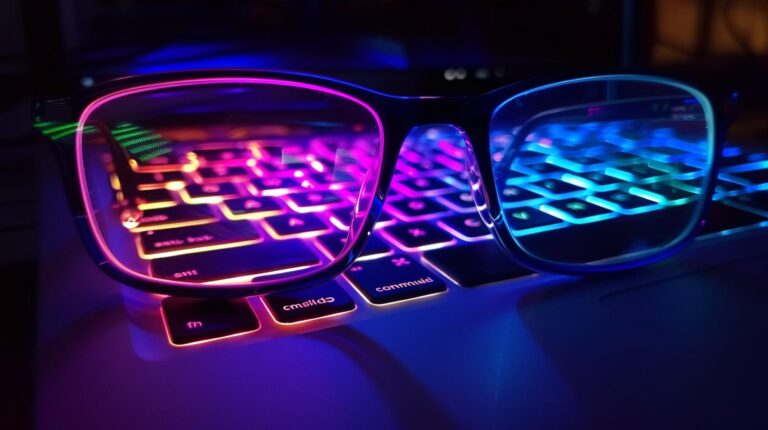 Eyeglasses on a colorful illuminated computer keyboard with reflections of RGB lighting.