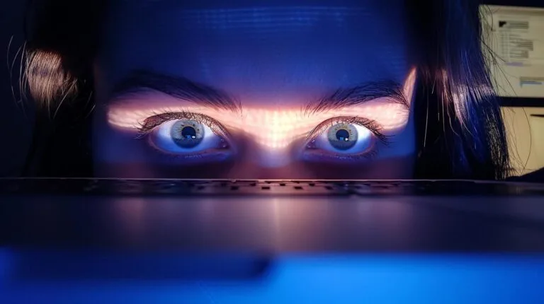 Close-up of a person's eyes looking at a computer screen with a blue light reflecting on their face.