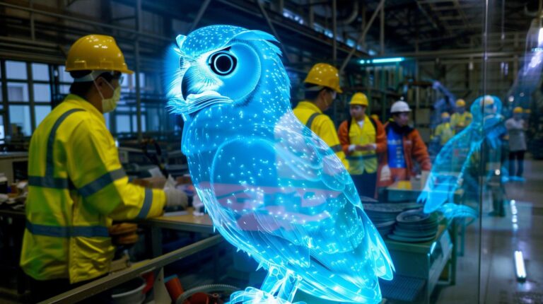 Factory workers in hard hats behind holographic owl and animal figures in industrial setting.
