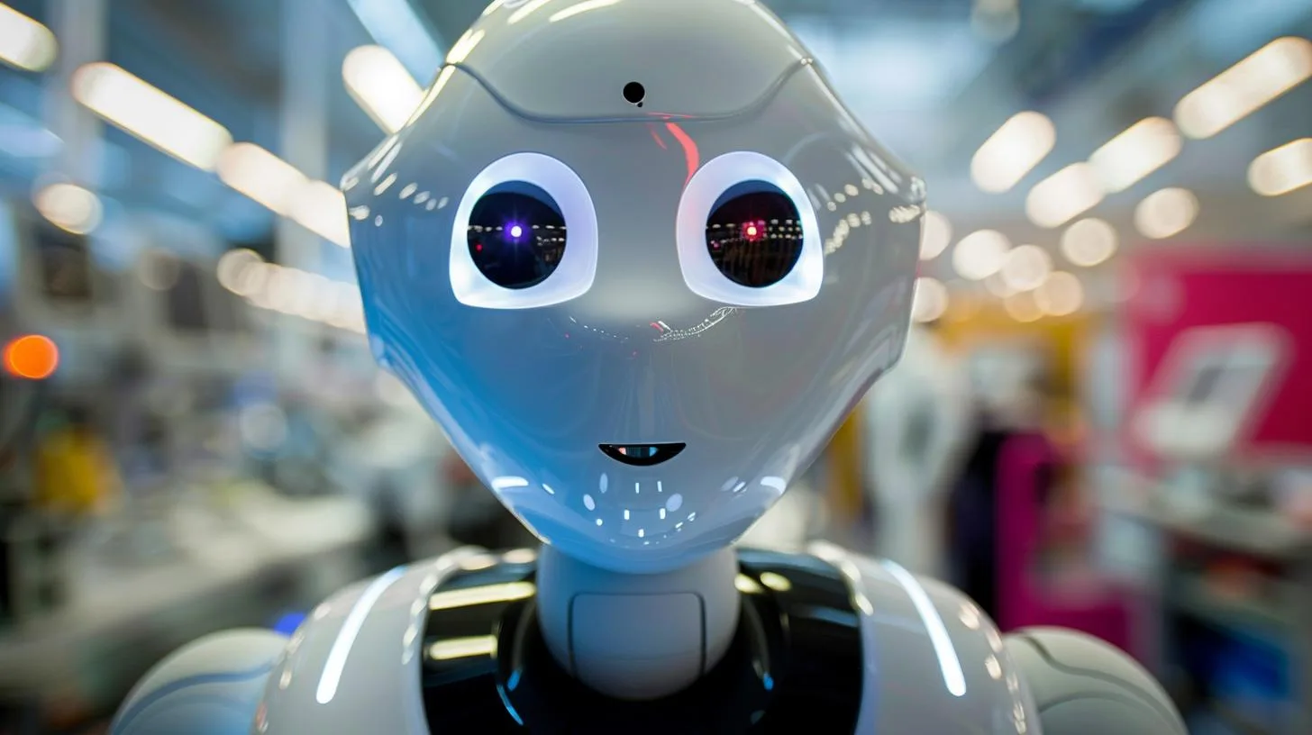 Close-up of a humanoid robot with expressive blue eyes and a friendly face in a brightly lit tech environment.