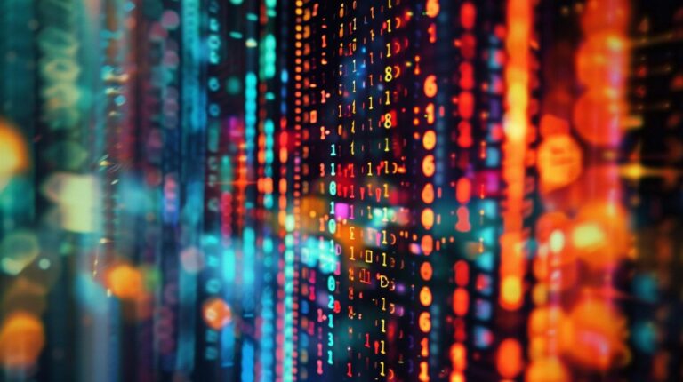 Abstract digital binary code with glowing lights on futuristic blue and orange background.