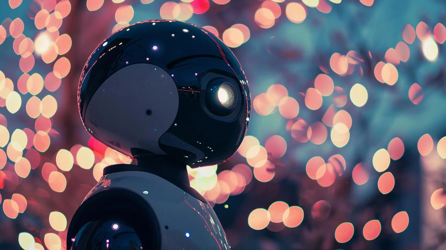Futuristic black robot head against a bokeh light background