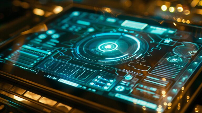 Futuristic computer interface with glowing blue holographic design and high-tech circuitry