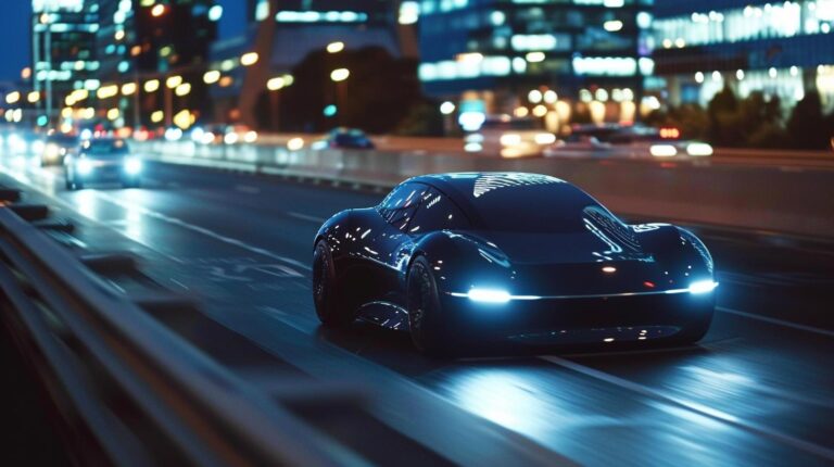 Futuristic concept car driving on city highway at night with illuminated urban skyline in the background