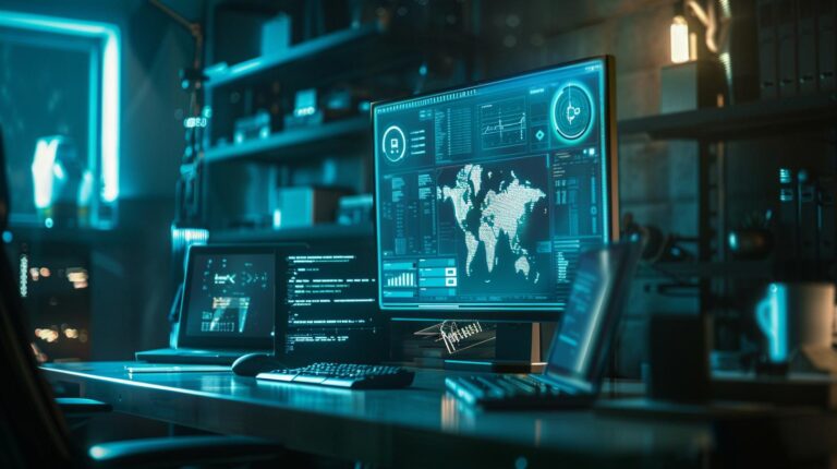 Futuristic cyber security operations center with multiple computer screens displaying various data and world map analysis.