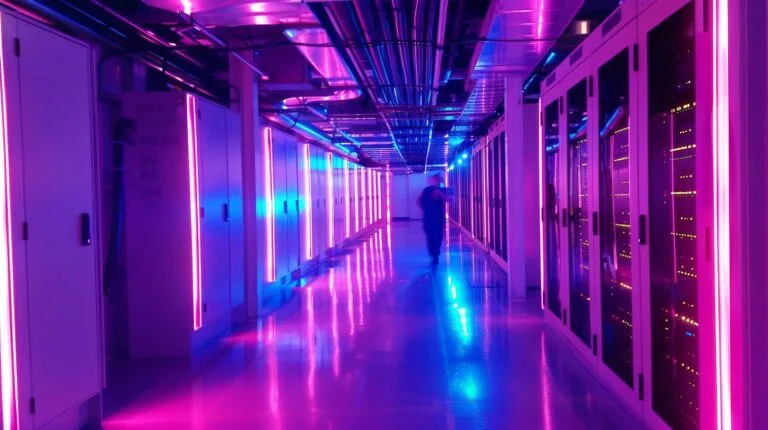 Futuristic data center corridor with neon blue and pink lighting and person walking.