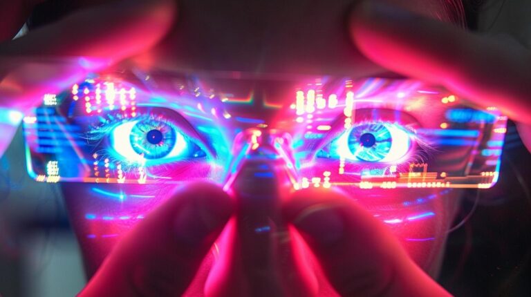 Close-up of a person's eyes with futuristic digital overlay and colorful lights reflecting technology concept