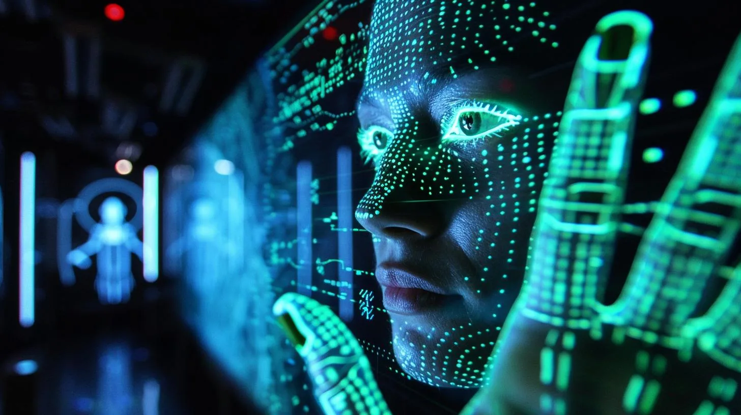 Close-up of a person with digital data projection on face in a futuristic setting