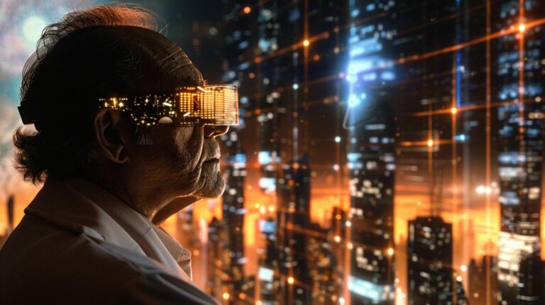Man wearing futuristic glasses looking at a cityscape at night with glowing digital data overlay.