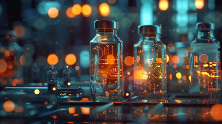 Futuristic glowing circuit pattern vials in a high-tech laboratory setting.