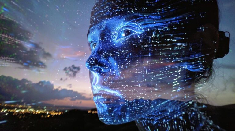 Digital art of a futuristic human profile with a display of code and light patterns overlaying a twilight landscape background.