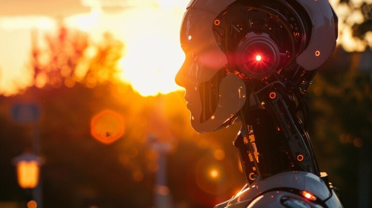 Futuristic robot head profile against a vibrant sunset background.
