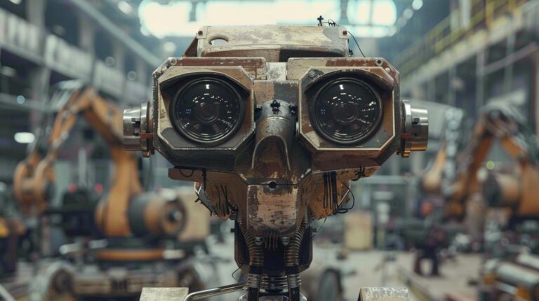 Futuristic robot head with large lens eyes in an industrial workshop setting.