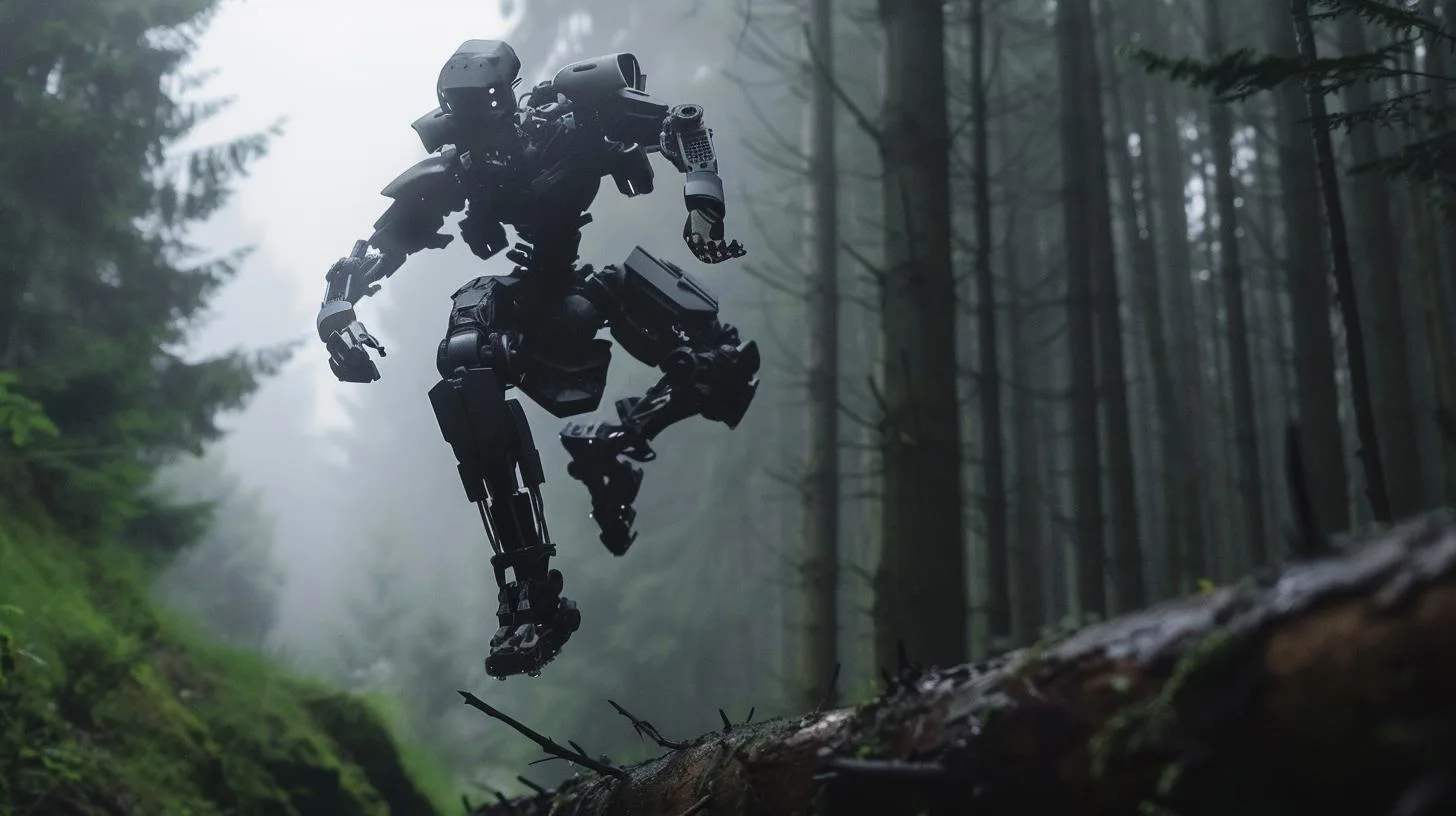 Futuristic robot walking through misty forest environment