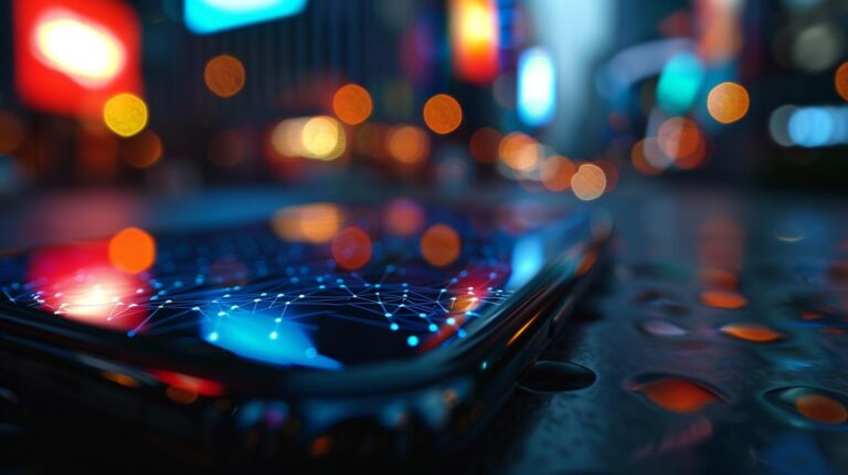 Smartphone with futuristic blue network connection and city lights bokeh background.