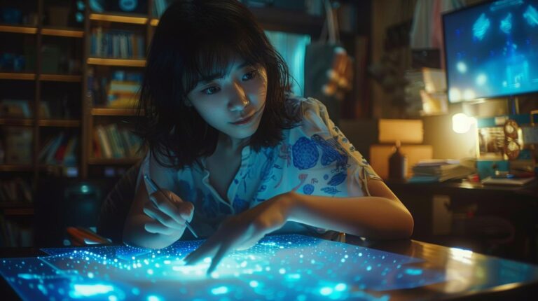 Woman interacting with a futuristic touchscreen display in a dimly lit room filled with technology gadgets.