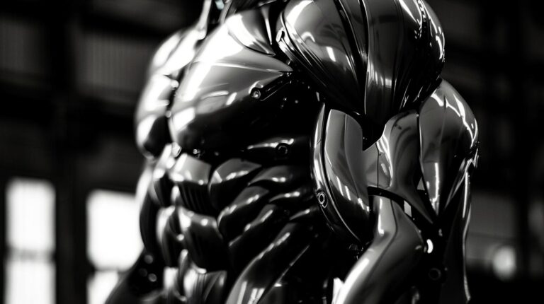 Close-up of a glossy black futuristic robot or armor suit with intricate design details in black and white.