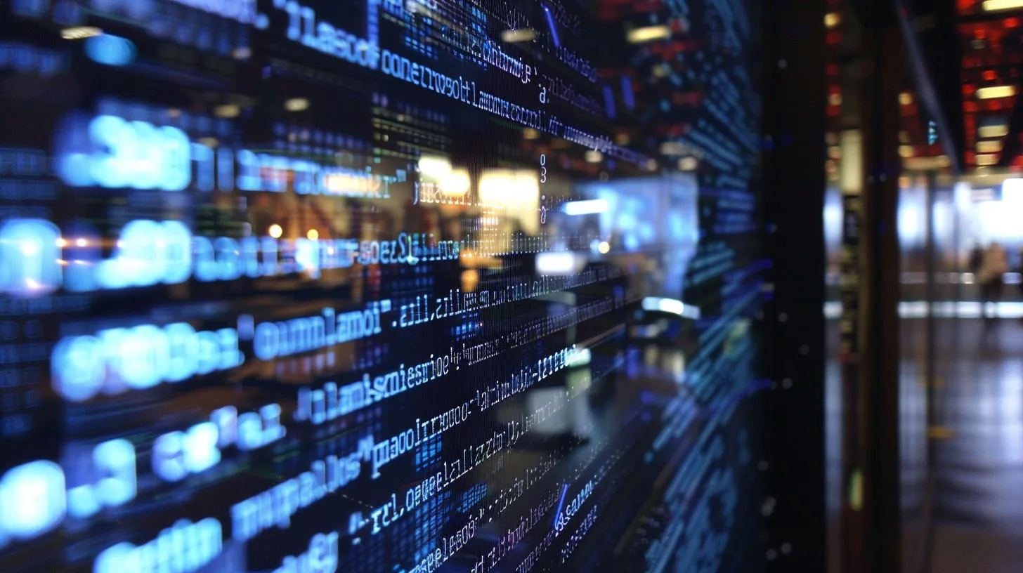 Close-up of a server rack with glowing blue data and code reflections indicating digital data processing and network technology.