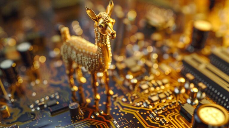 Golden figurine of a baby deer on a detailed computer motherboard.