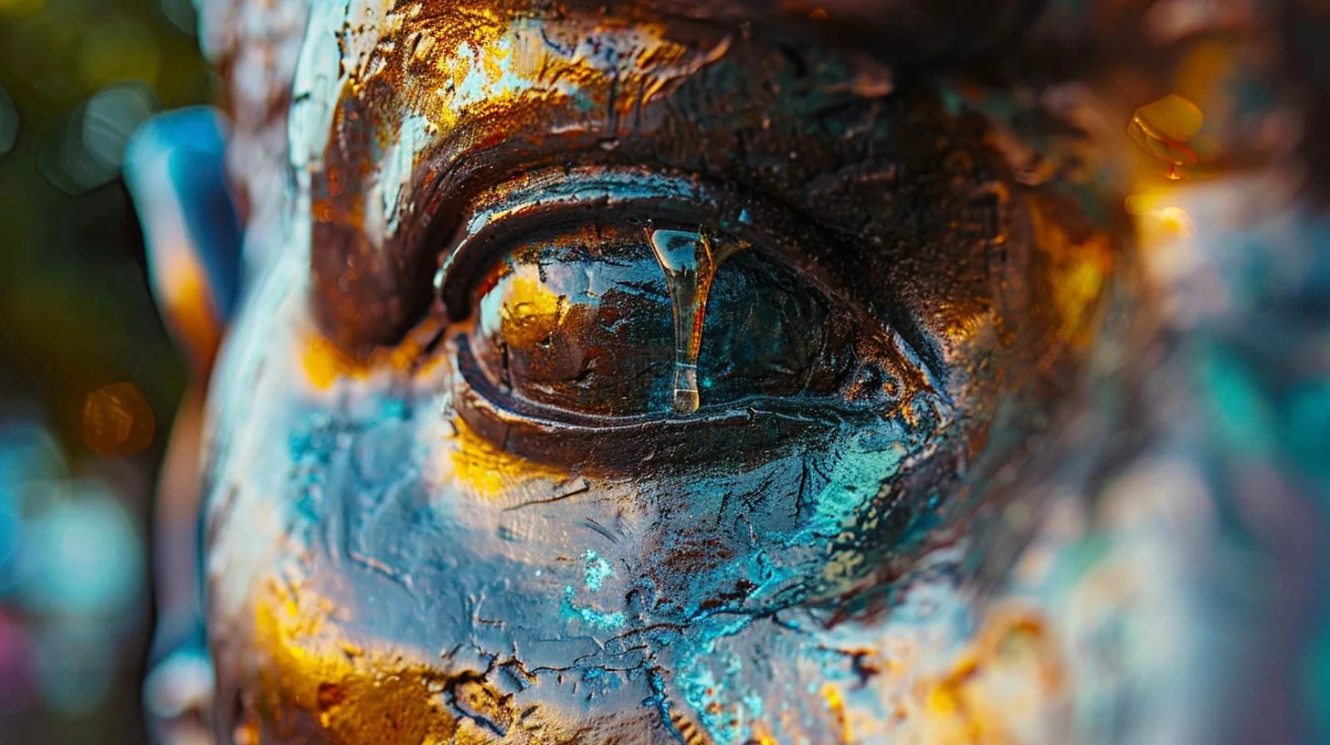 Close-up of textured painting highlighting golden and blue hues on a sculpted eye detail.