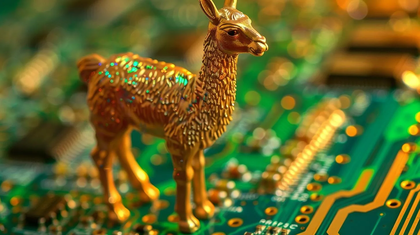 Golden llama figurine on a computer motherboard-background with electronic components.