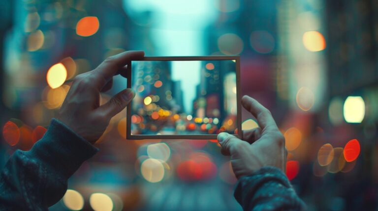 Hands holding a clear tablet framing a cityscape with blurred lights at twilight.