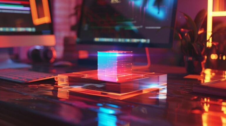 Illuminated 3D hologram cube on desk with digital screens and camera in a high-tech workspace environment.