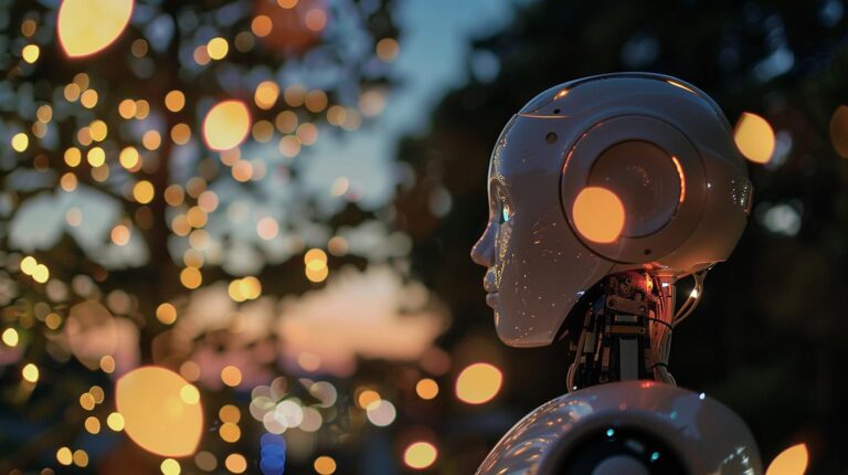 Close-up of a humanoid robot head with a blurred background of bokeh lights at dusk