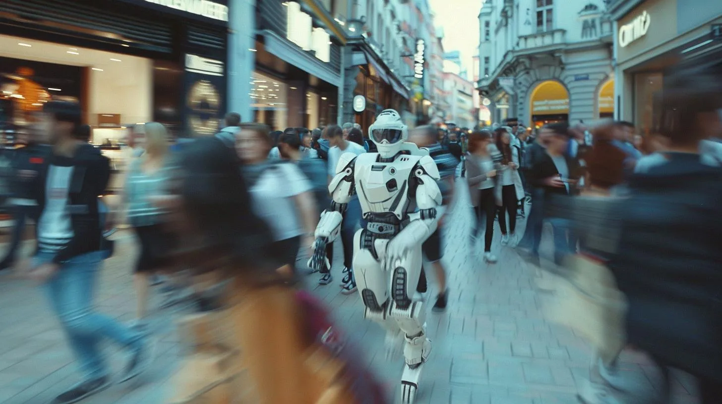 Humanoid robot walking through a bustling city street with blurred pedestrians around.