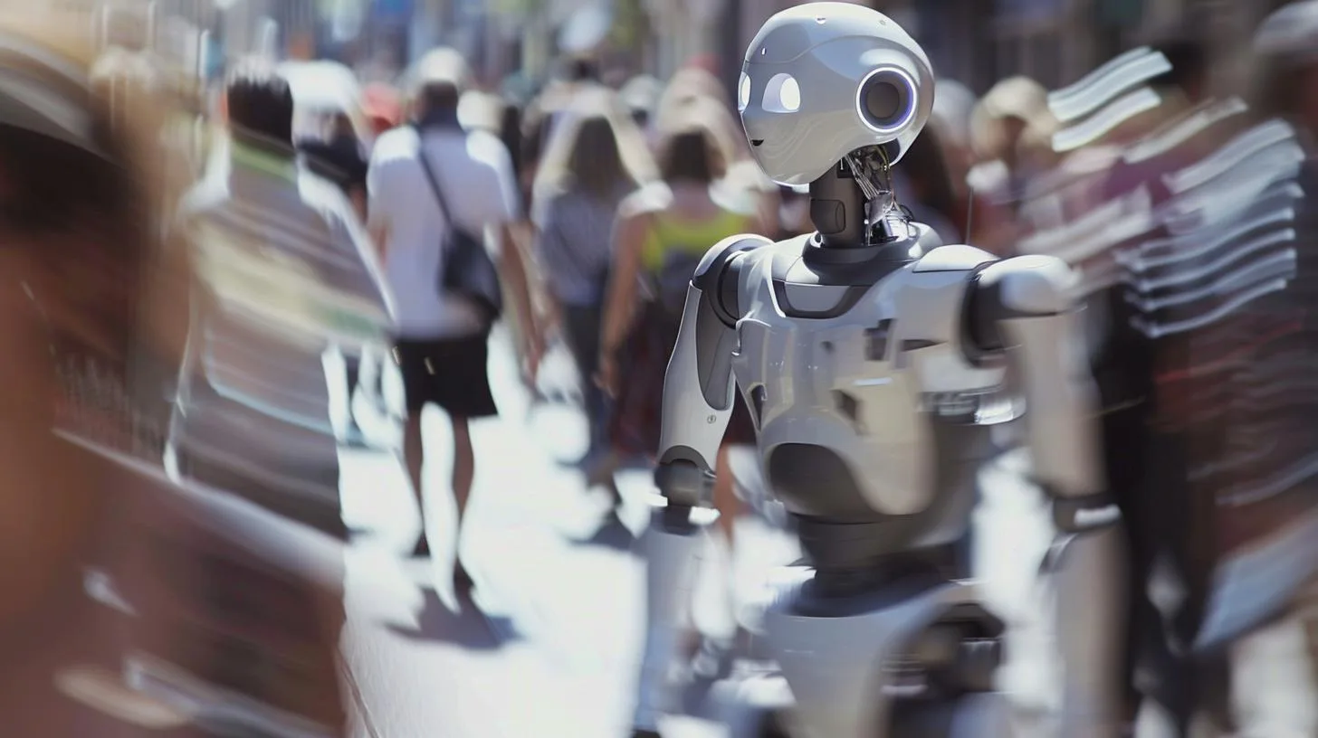 Humanoid robot walking among blurred crowd on city street.
