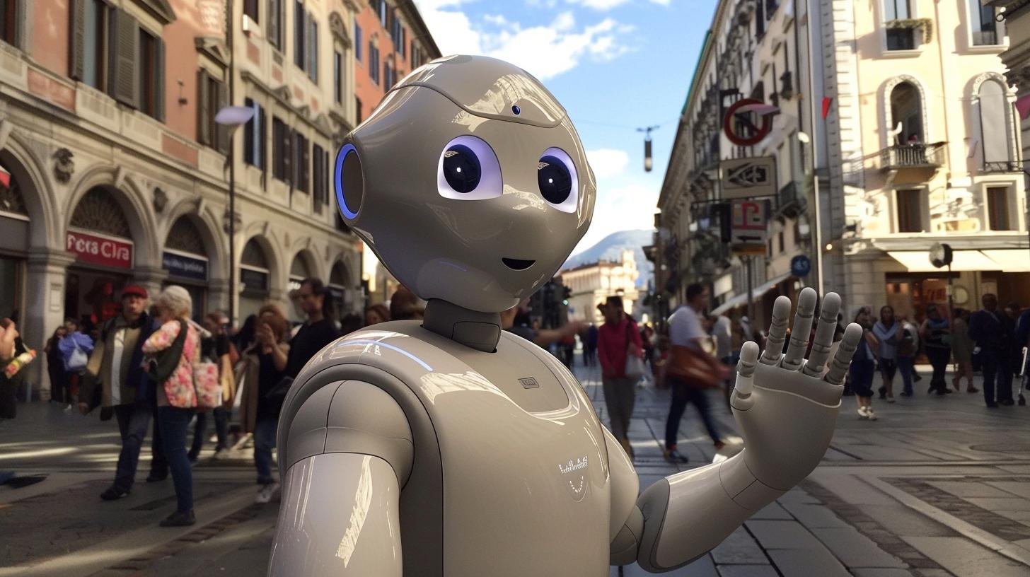Humanoid robot waving in a busy city street with pedestrians and shops in the background.