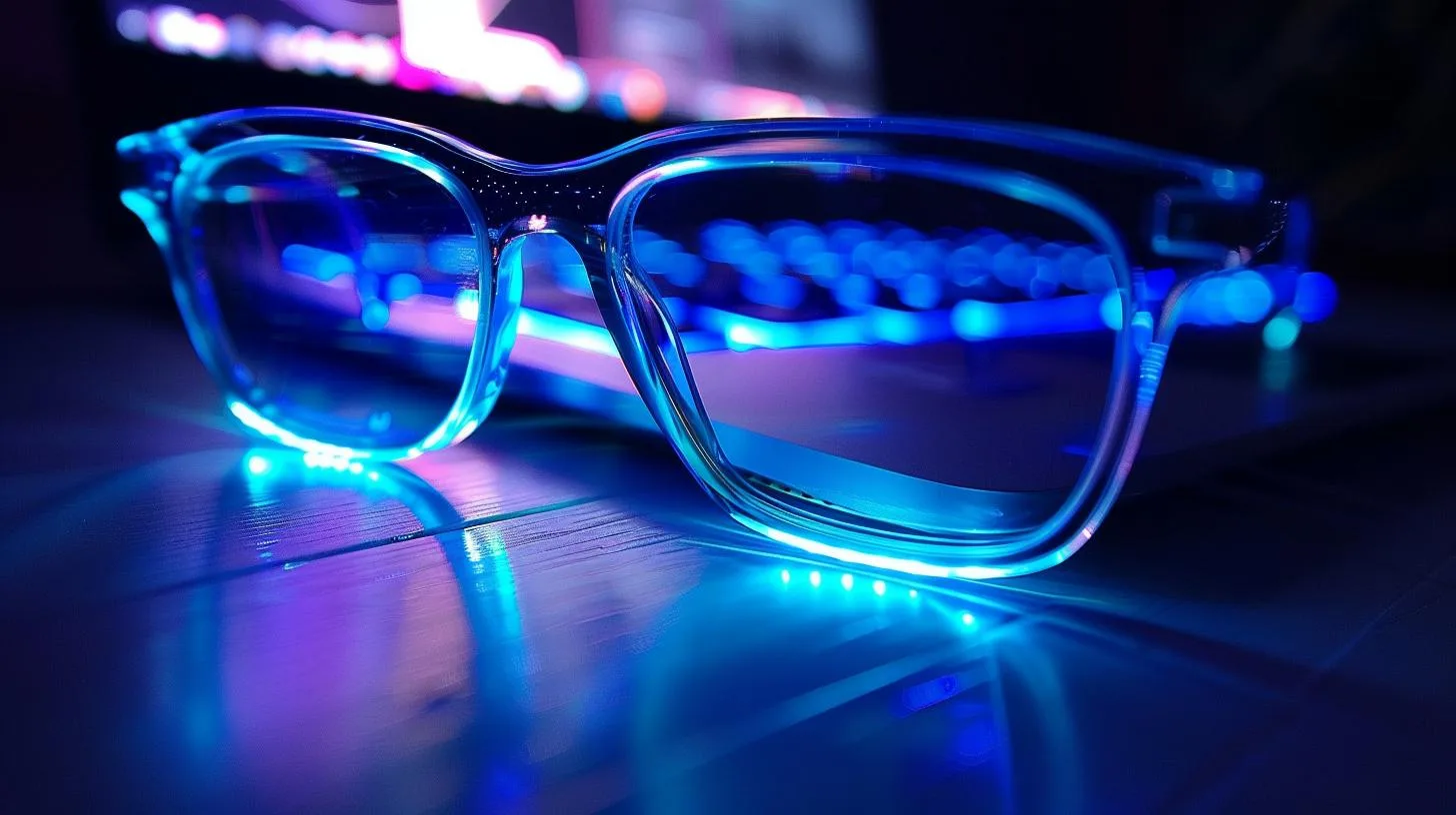 Close-up of illuminated blue eyeglasses with bokeh effect on a wooden surface.