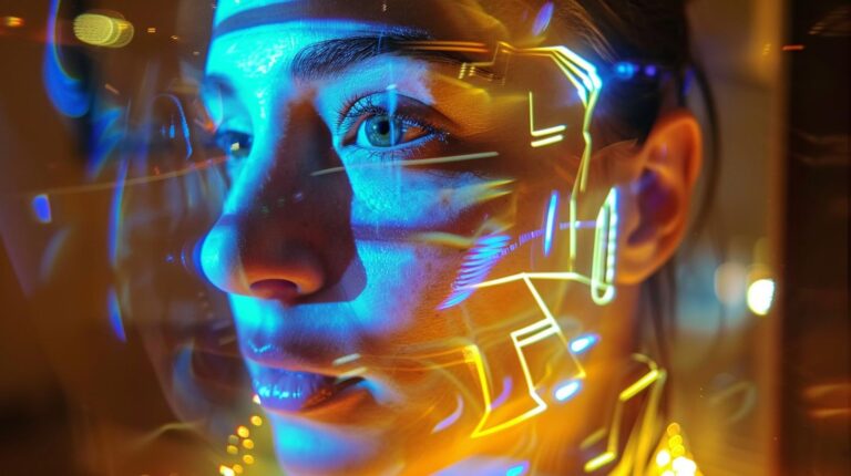Woman with illuminated geometric patterns reflecting on her face.