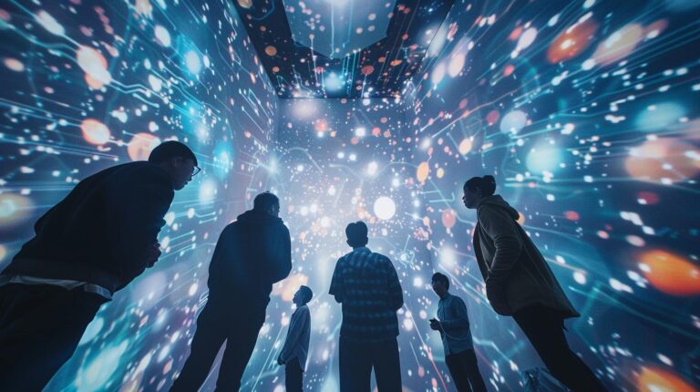 People experiencing an immersive light exhibit with vibrant digital projections