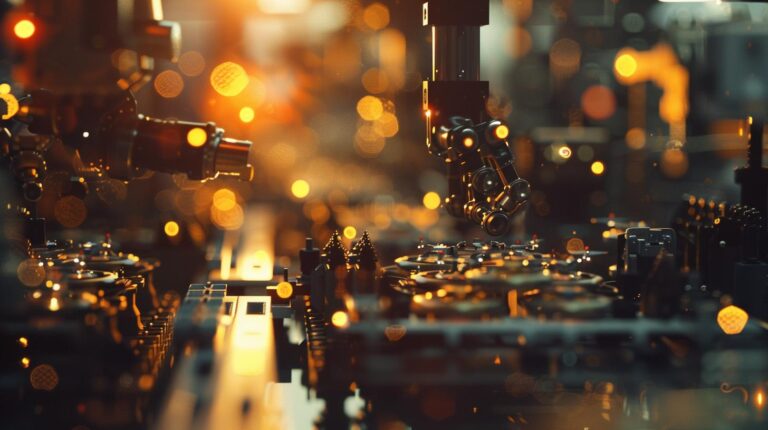 Industrial robots in automated manufacturing process with warm lighting and bokeh effect.
