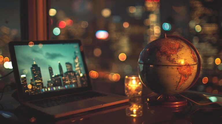 Desk with laptop, globe, and candle with city lights bokeh in the background