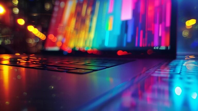 Laptop keyboard with vibrant bokeh light effect from screen reflecting on surface for technology background