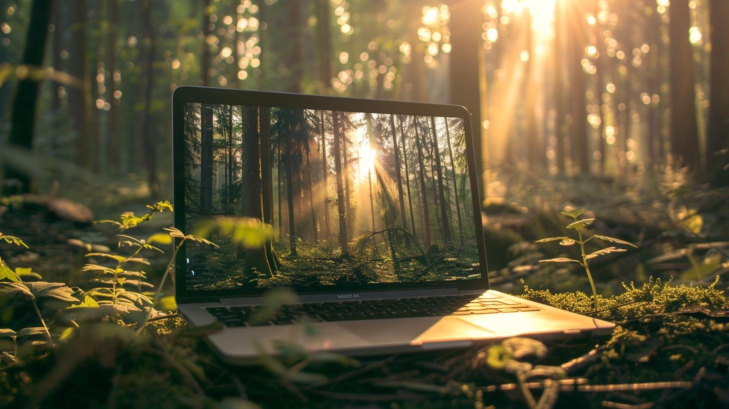 Laptop on forest floor with screen showing sunlight through trees