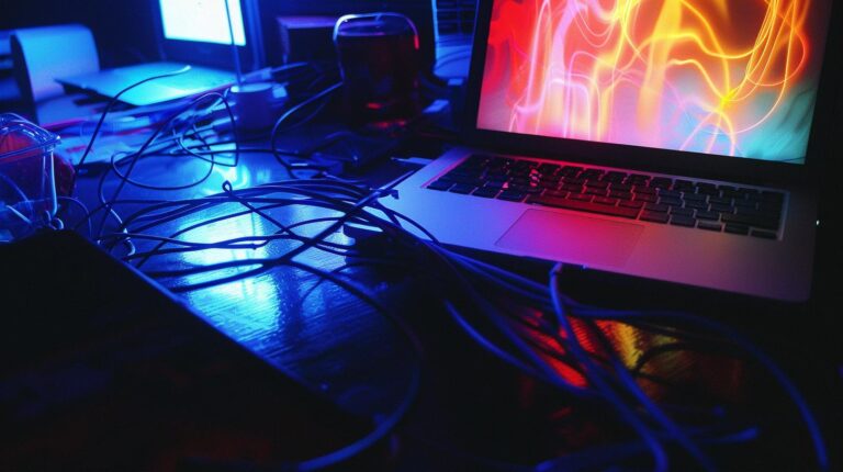Laptop with colorful abstract screensaver surrounded by tangled cables on a desk in a dark room with blue ambient lighting.