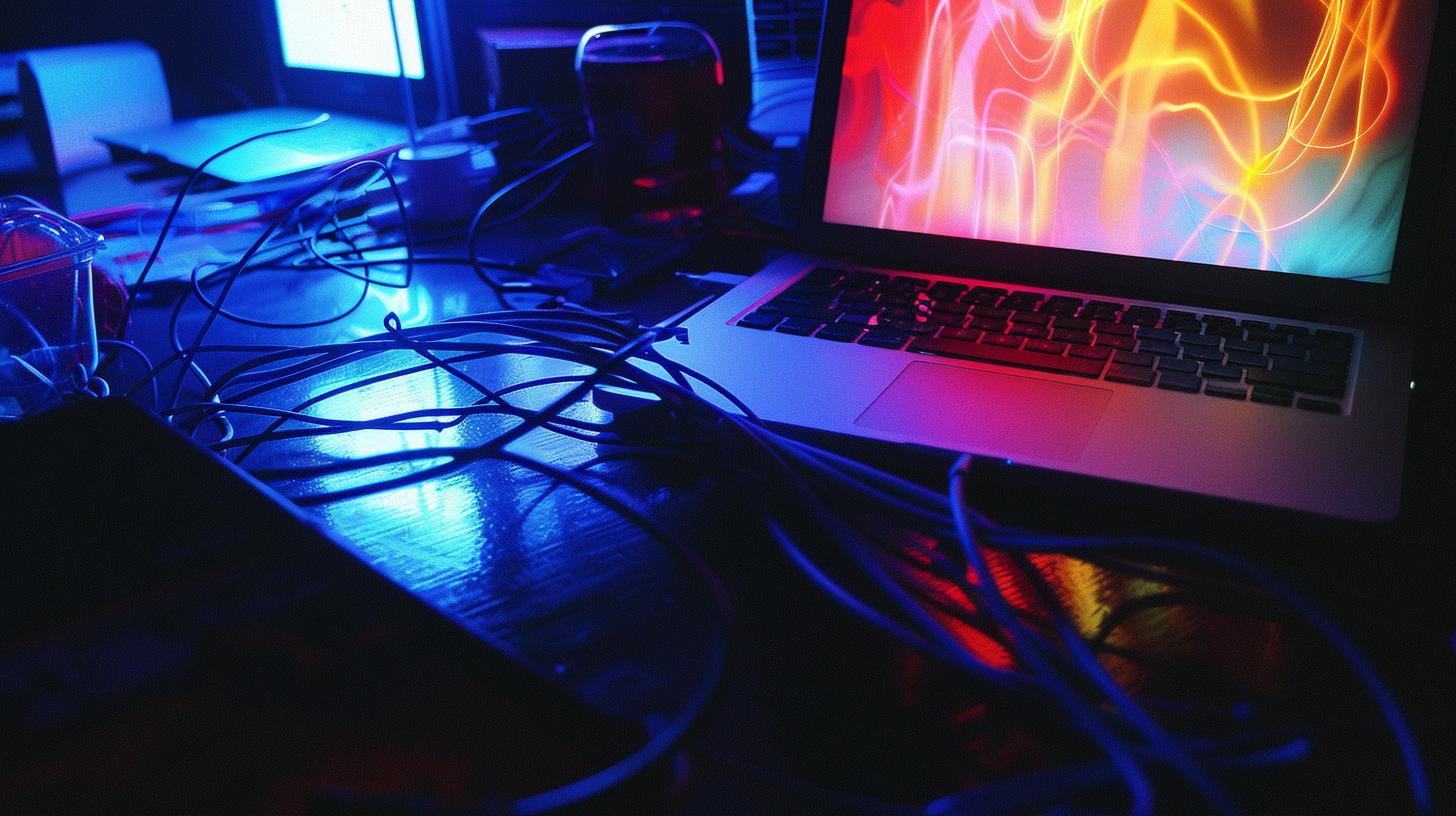Laptop with colorful abstract screensaver surrounded by tangled cables on a desk in a dark room with blue ambient lighting.