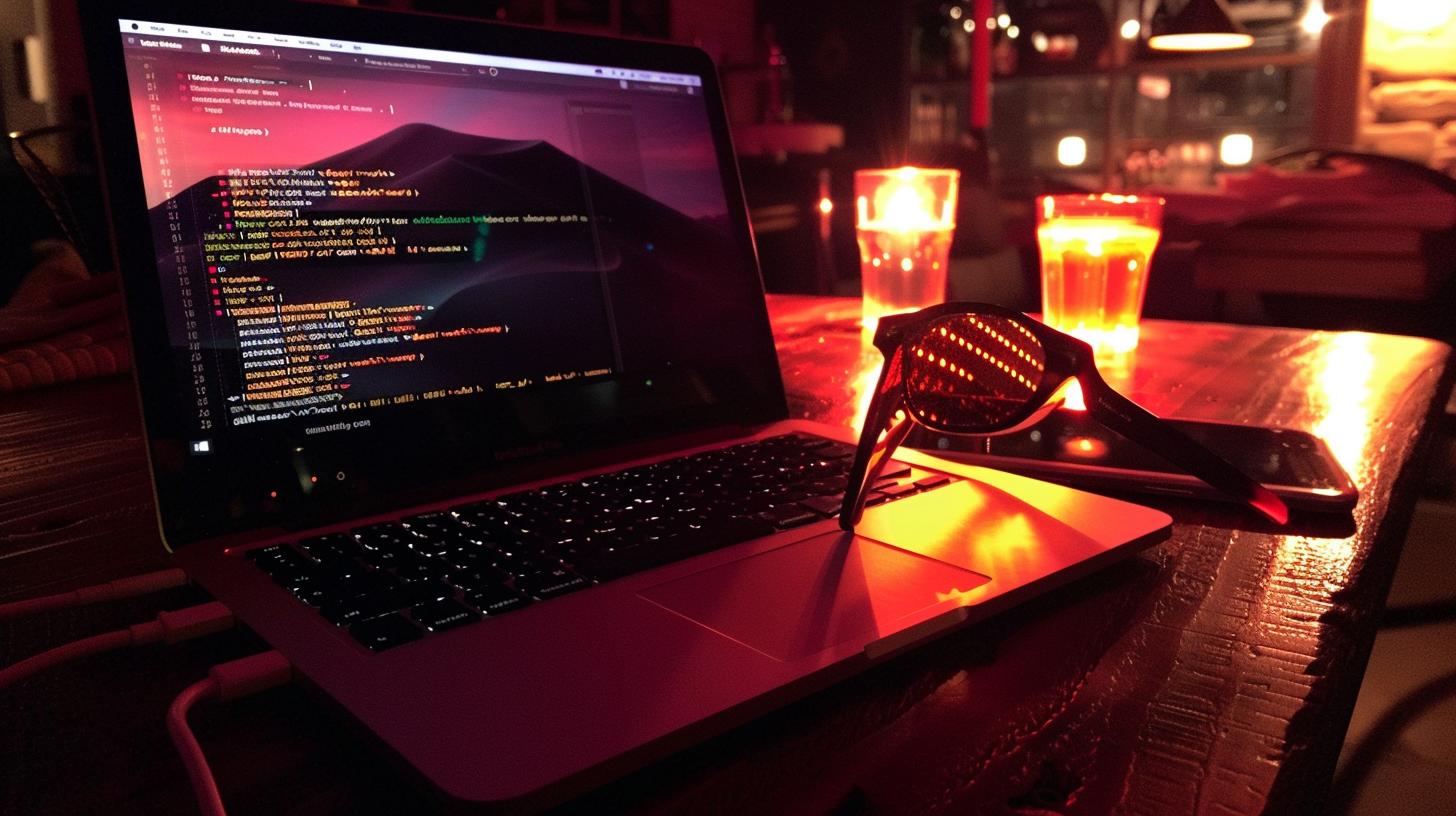 Laptop on table with code on screen and glasses in a dimly lit room with warm ambient lighting.