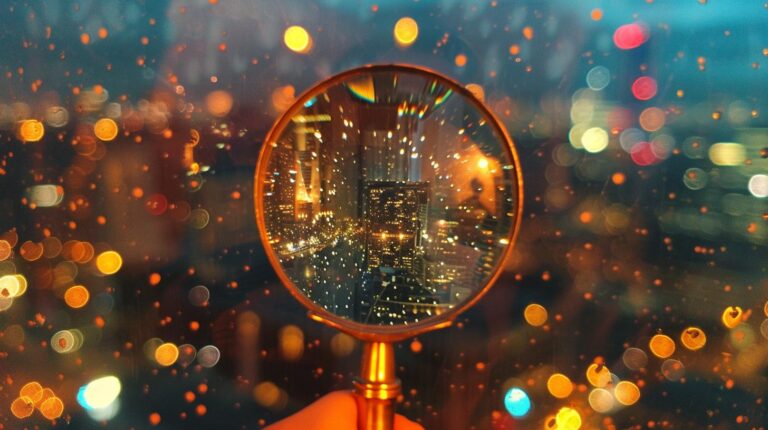 Magnifying glass focusing on illuminated cityscape at night with blurred bokeh light effects