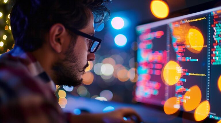 Man analyzing data on multiple computer screens with graphical interface in a dark office setting