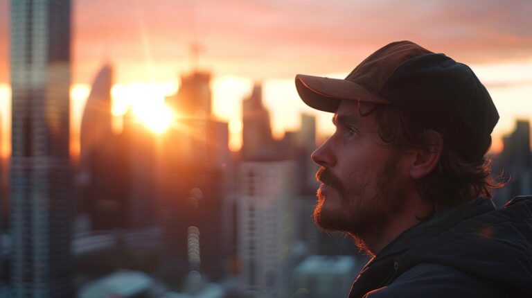 Man in baseball cap gazing at sunset in urban skyline