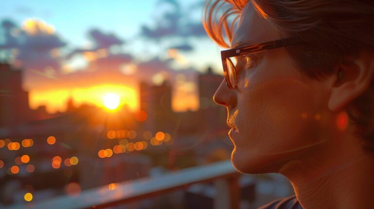 Man in sunglasses looking at sunset over city skyline.